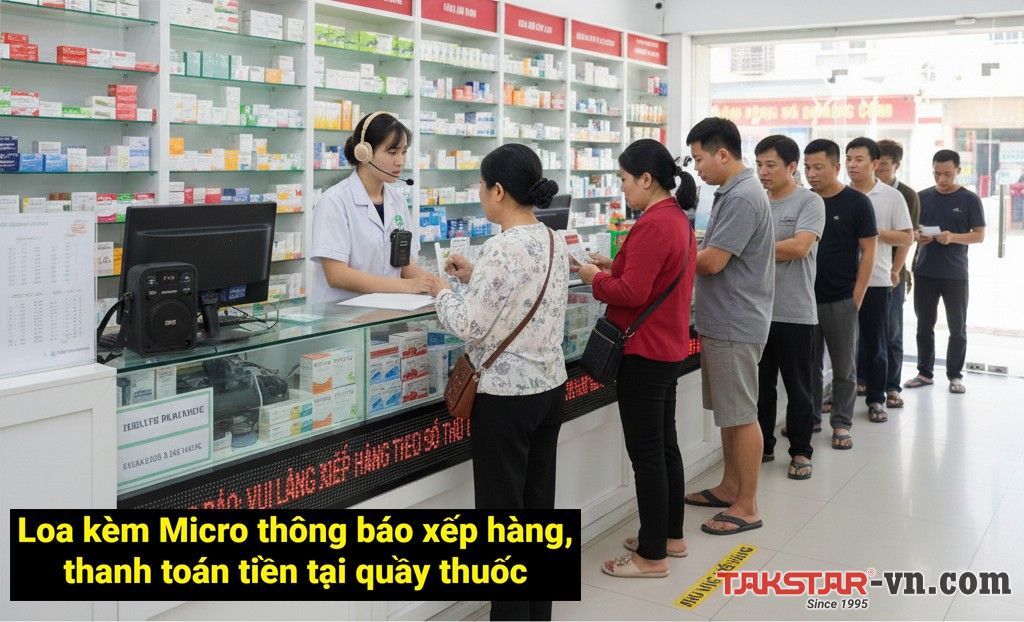 Loa kèm Micro thông báo xếp hàng, thanh toán tiền tại quầy thuốc Loa kèm Micro thông báo xếp hàng, thanh toán tiền tại quầy thuốc